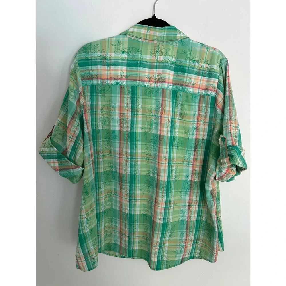 Alia Women Green Plaid Floral Button Up Shirt Short Sleeve Tab Textured Top - Picture 9 of 9